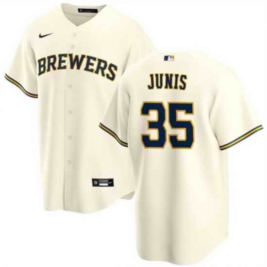 Men Milwaukee Brewers 35 Jakob Junis Cream Cool Base Stitched Jersey