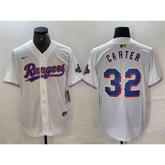 Men Texas Rangers 32 Evan Carter White Gold Cool Base Stitched Baseball Jersey