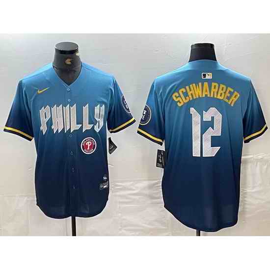 Men Philadelphia Phillies 12 Kyle Schwarber Blue 2024 City Connect Limited Stitched Jersey 4
