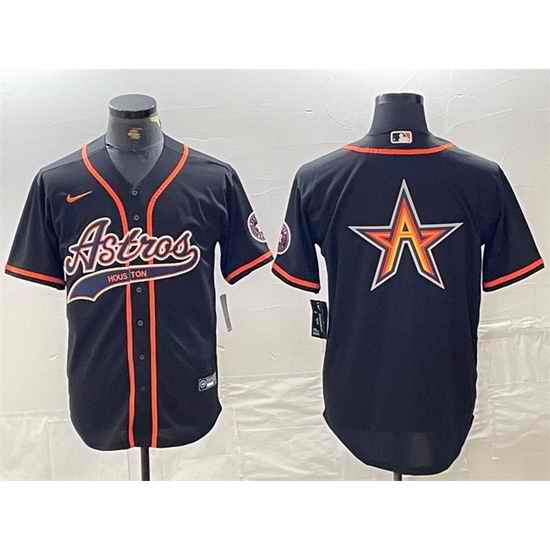 Men Houston Astros Black Team Big Logo With Patch Cool Base Stitched Baseball Jersey 3