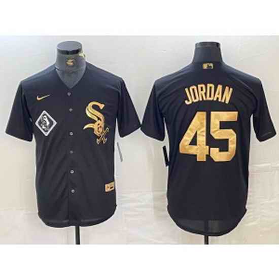 MLB White Sox 45 Michael Jordan Black Gold Nike Cool Base Men Jersey