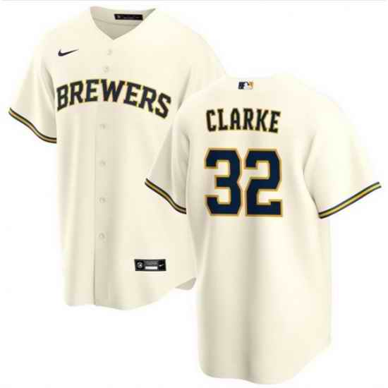 Men Milwaukee Brewers 32 Taylor Clarke Cream Cool Base Stitched Jersey