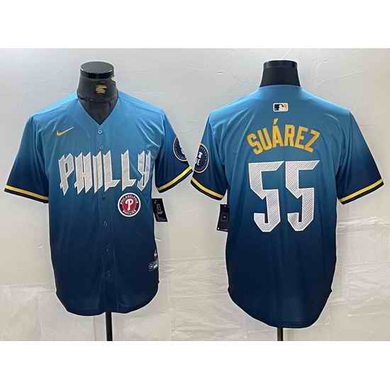 Men Philadelphia Phillies 55 Ranger Suarez Blue 2024 City Connect Limited Stitched Jersey 2