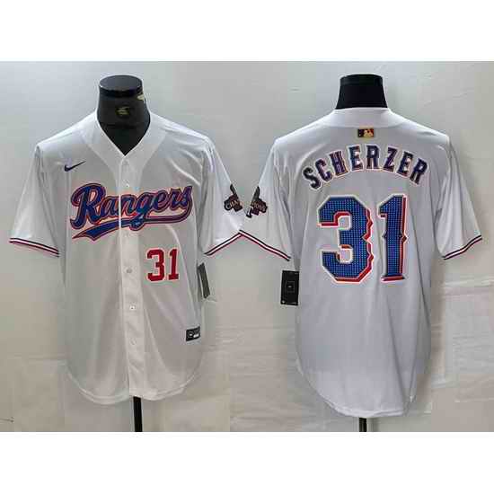 Men Texas Rangers 31 Max Scherzer White Gold Cool Base Stitched Baseball Jersey 6