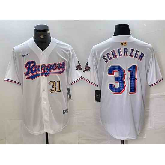 Men Texas Rangers 31 Max Scherzer White Gold Cool Base Stitched Baseball Jersey 3