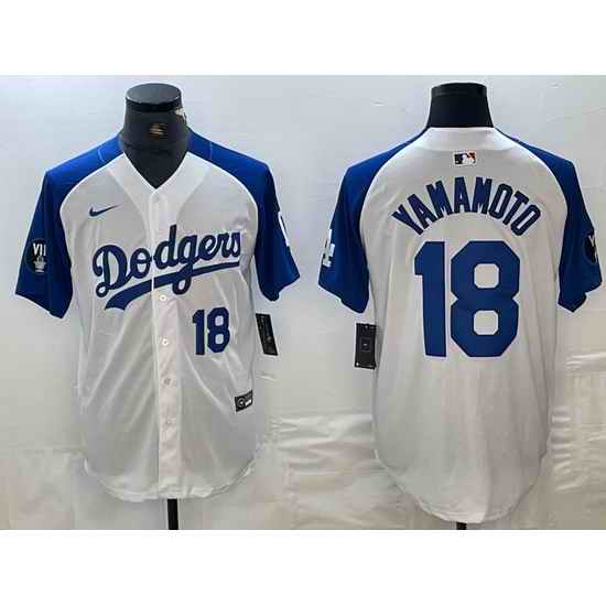 Men Los Angeles Dodgers 18 Yoshinobu Yamamoto White Blue Vin Patch Cool Base Stitched Baseball Jersey 7