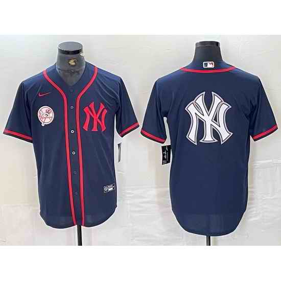 Men New York Yankees Big LOGO Navy Cool Base Stitched Baseball Jersey 6