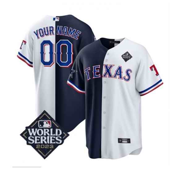 Men Texas Rangers  26 Cowboys Active Player Custom Navy White Splite 2023 World Series Splite Stitched Baseball Jersey