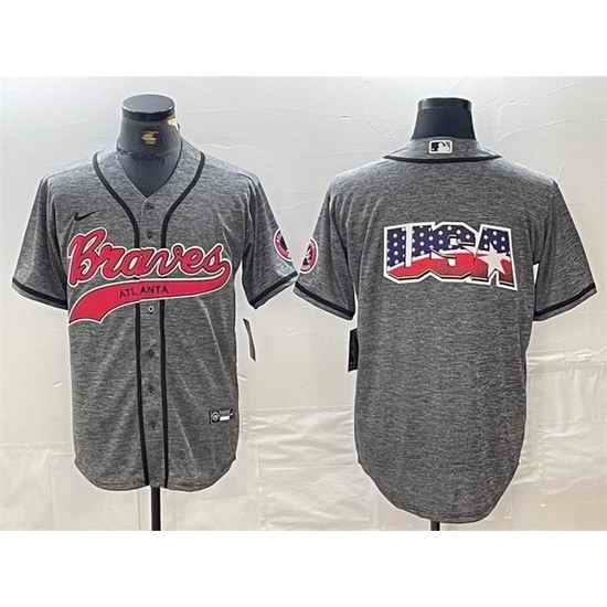 Men Atlanta Braves Gray Team Big Logo Cool Base With Patch Stitched Baseball Jersey 1