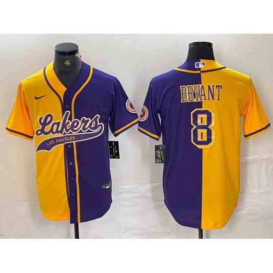 Men Los Angeles Lakers 8 Kobe Bryant Gold Purple Split Stitched Baseball Jersey 4