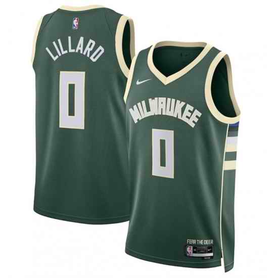 Men Milwaukee Bucks 0 Damian Lillard Green Icon Edition Stitched Basketball Jerseys