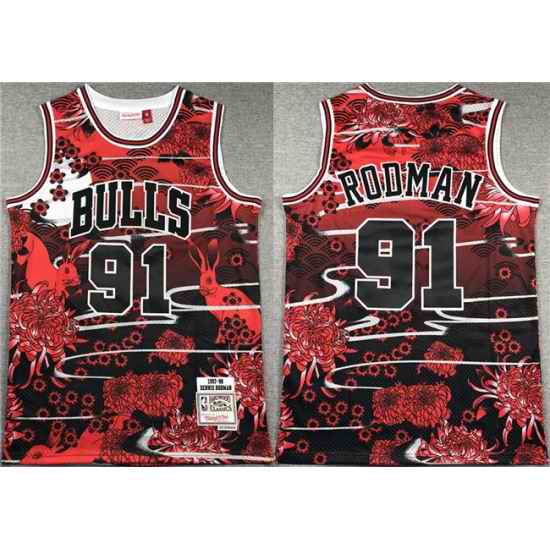 Men Chicago Bulls 91 Dennis Rodman Black Red Stitched Jersey