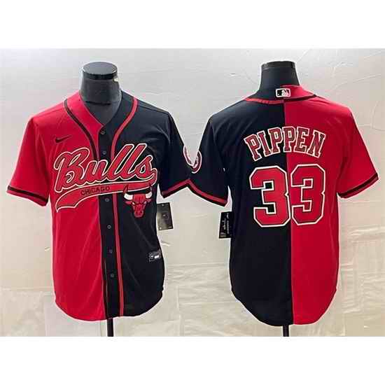 Men Chicago Bulls 33 Scottie Pippen Red Black Split Cool Base Stitched Baseball Jersey