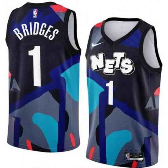 Men Brooklyn Nets 1 Mikal Bridges Black Blue Stitched Basketball Jersey