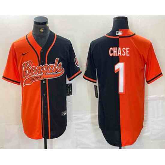 Men Cincinnati Bengals 1 JaMarr Chase Orange Black Two Tone Cool Base Stitched Baseball Jersey