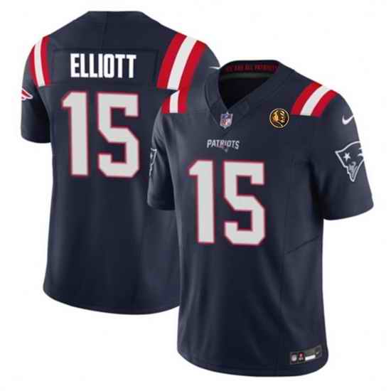 Men New England Patriots 15 Ezekiel Elliott Navy 2023 F U S E  With John Madden Patch Vapor Limited Stitched Football Jersey