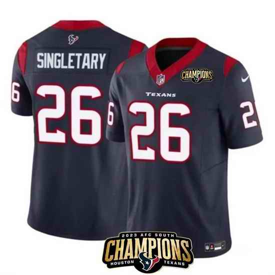 Men Houston Texans 26 Devin Singletary Navy 2023 F U S E  AFC South Champions Patch Vapor Untouchable Limited Stitched Football Jersey