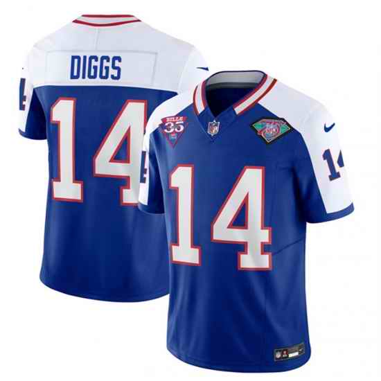 Men Buffalo Bills 14 Stefon Diggs Blue White 35th And 75th Patch 2023 F U S E  Throwback Vapor Untouchable Limited Stitched Jersey