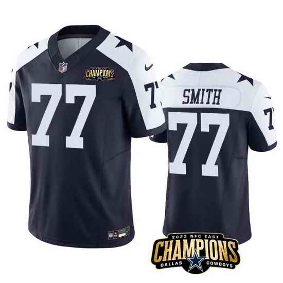 Men Dallas Cowboys 77 Tyron Smith Navy White 2023 F U S E  NFC East Champions Patch Stitched Football Jersey