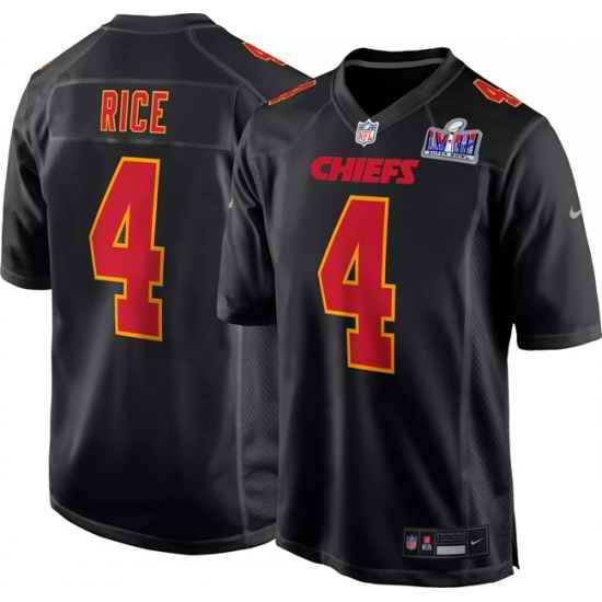 Men Kansas City Chiefs 4 Rashee Rice Black 2024 Super Bowl LVIII Patch Limited Stitched Game Jersey