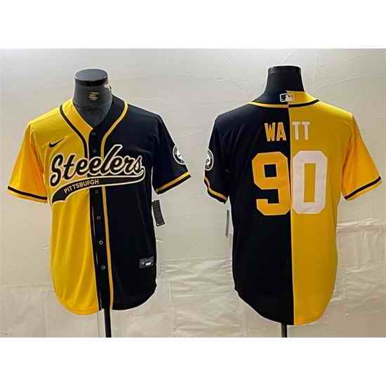 Men Pittsburgh Steelers 90 T  J  Watt Yellow Black Split With Patch Cool Base Stitched Baseball Jersey