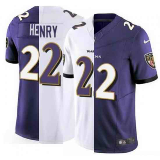 Men's Baltimore Ravens #22 Derrick Henry 2023 Purple White Split Vapor Limited Football Stitched Jersey