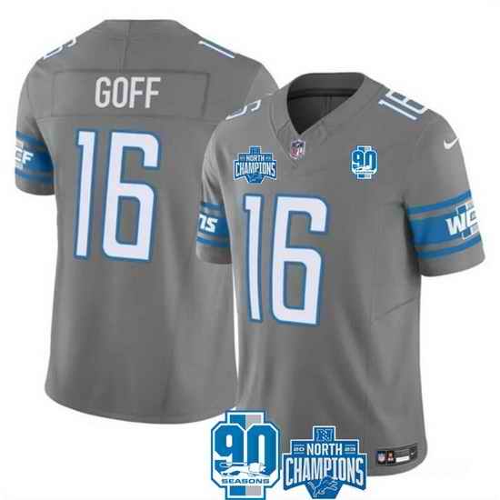 Men Detroit Lions 16 Jared Goff Grey 2023 F U S E  90th Anniversary NFC North Division Champions Vapor Untouchable Limited Stitched Jersey