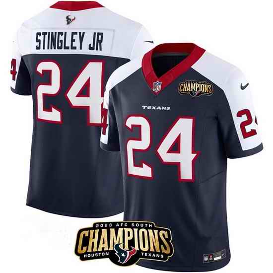 Men Houston Texans 24 Derek Stingley Jr  Navy White 2023 F U S E  AFC South Champions Patch Limited Stitched Football Jersey