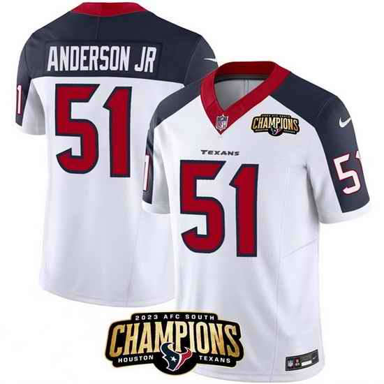 Men Houston Texans 51 Will Anderson Jr  White Navy 2023 F U S E  AFC South Champions Patch Limited Stitched Football Jersey