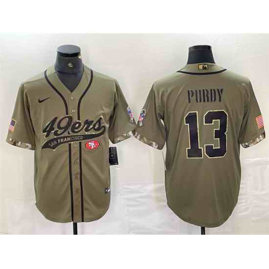 Men San Francisco 49ers 13 Brock Purdy Olive Salute To Service With Patch Cool Base Stitched Baseball Jersey