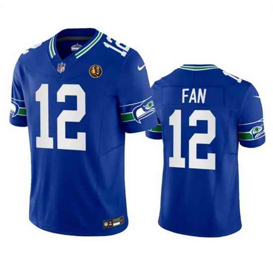 Men Seattle Seahawks 12 Fan Royal 2023 F U S E  Throwback With John Madden Patch Vapor Limited Stitched Football Jersey