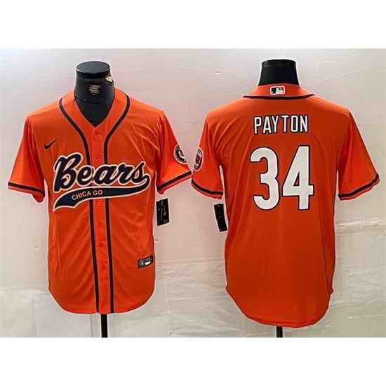 Men Chicago Bears 34 Walter Payton Orange With Patch Cool Base Stitched Baseball Jersey