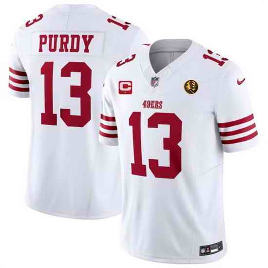 Men San Francisco 49ers 13 Brock Purdy White 2023 F U S E  With 1 Star C Patch And John Madden Patch Vapor Limited Stitched Football Jersey
