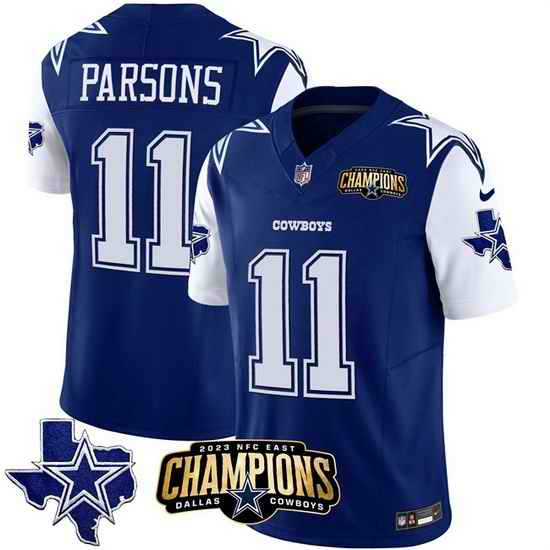 Men Dallas Cowboys 11 Micah Parsons Blue White 2023 F U S E  NFC East Champions Patch Stitched Football Jersey