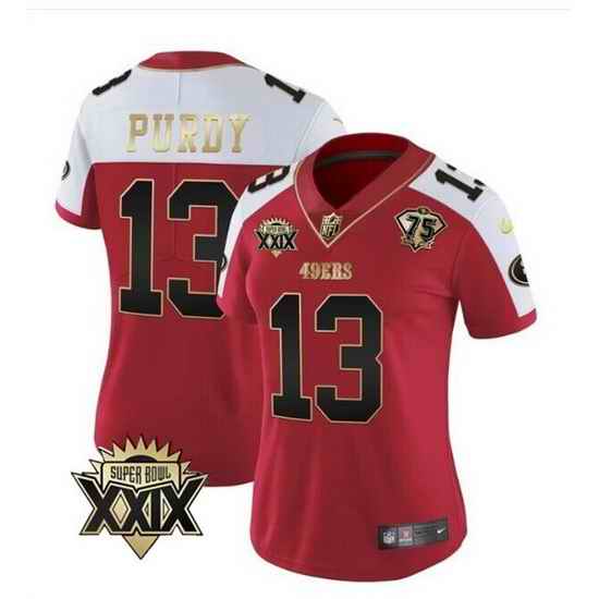 Women San Francisco 49ers 13 Brock Purdy Red White Super Bowl XXIX Patch And 75th Anniversary Patch Stitched Game Jersey  Run Small
