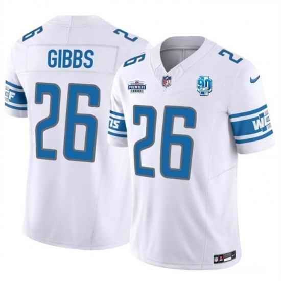 Men Detroit Lions 26 Jahmyr Gibbs White 2023 F U S E  With Prem1ere Patch 90th Anniversary Vapor Untouchable Limited Stitched Football Jersey