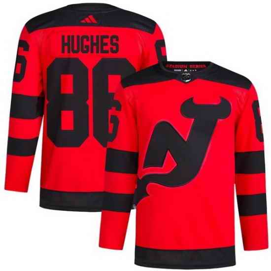 Men New Jersey Devils 86 Jack Hughes Red 2023 2024 Stadium Series Stitched Jersey