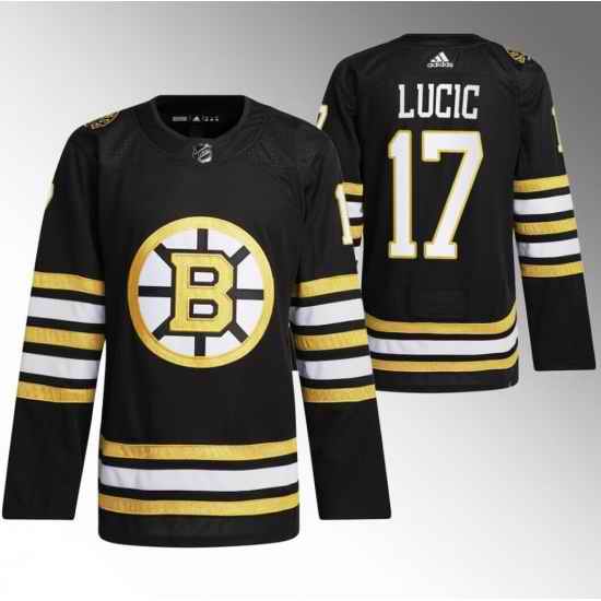 Men Boston Bruins 17 Milan Lucic Black With Rapid7 Patch 100th Anniversary Stitched Jersey