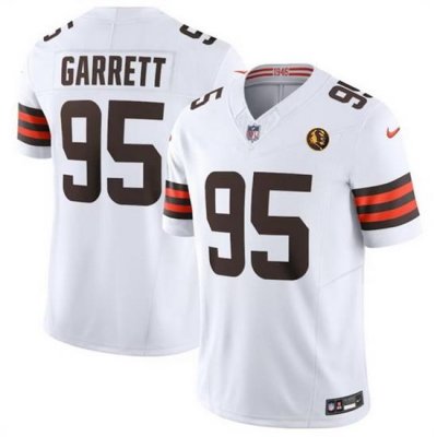 Men Cleveland Browns 95 Myles Garrett White 2023 F U S E  With John Madden Patch Vapor Limited Stitched Football Jersey