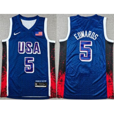 Men USA Basketball 5 Anthony Edwards Navy 2024 Olympics Stitched Jersey 285