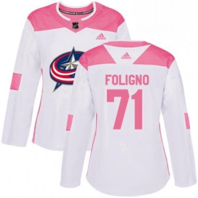 Womens Adidas Columbus Blue Jackets 71 Nick Foligno Authentic WhitePink Fashion NHL Jersey