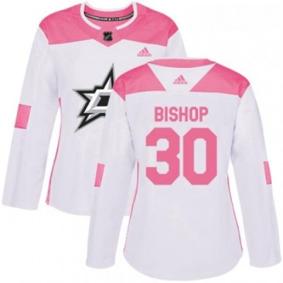 Womens Adidas Dallas Stars 30 Ben Bishop Authentic WhitePink Fashion NHL Jersey