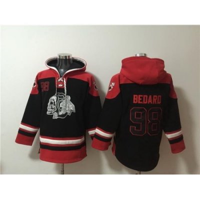 Men Chicago Blackhawks 98 Connor Bedard Black Lace Up Pullover Hoodie