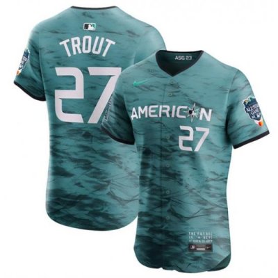 Men Los Angeles Angels 27 Mike Trout Teal 2023 All Star Flex Base Stitched Jersey