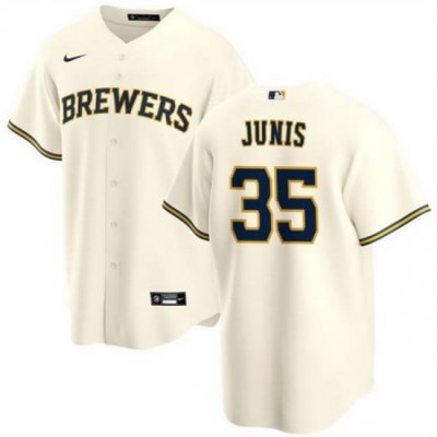 Men Milwaukee Brewers 35 Jakob Junis Cream Cool Base Stitched Jersey