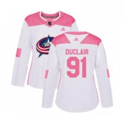 Womens Adidas Columbus Blue Jackets 91 Anthony Duclair Authentic White Pink Fashion NHL Jersey