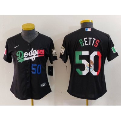 Women Los Angeles Dodgers 50 Mookie Betts Black Mexico Stitched Jersey 5