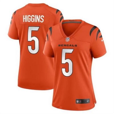 Women Cincinnati Bengals 5 Tee Higgins Orange Stitched Game Jersey