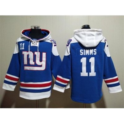 Men New York Giants 11 Phil Simms Blue Lace Up Pullover Hoodie