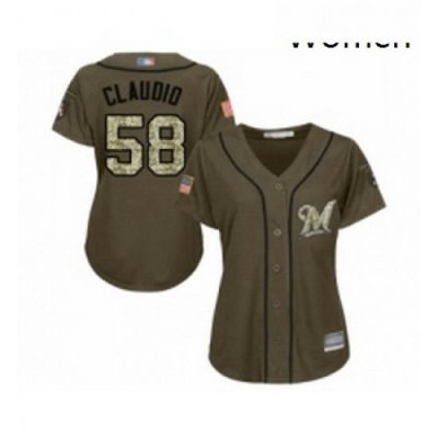 Womens Milwaukee Brewers 58 Alex Claudio Authentic Green Salute to Service Baseball Jersey